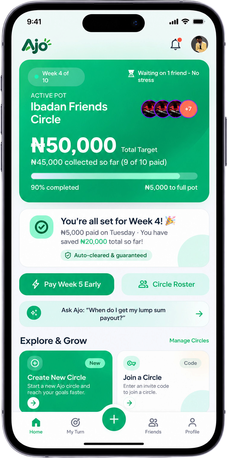 Ajo home screen: the active pot, this week’s payment and quick actions