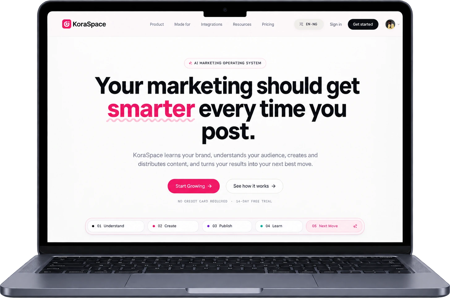 KoraSpace landing page hero: your marketing should get smarter every time you post