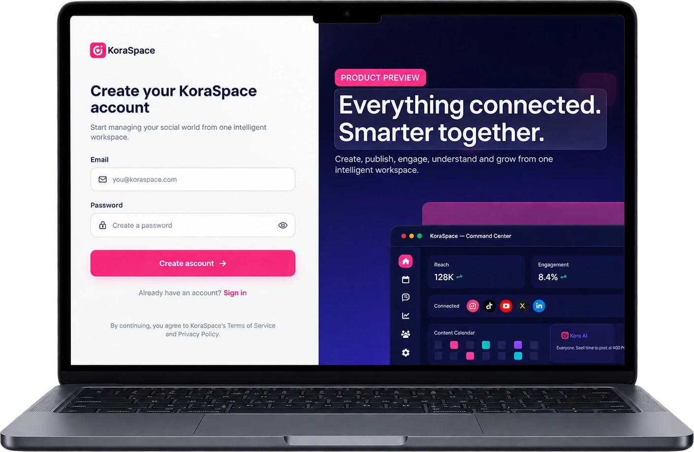 KoraSpace sign-up screen with a product preview